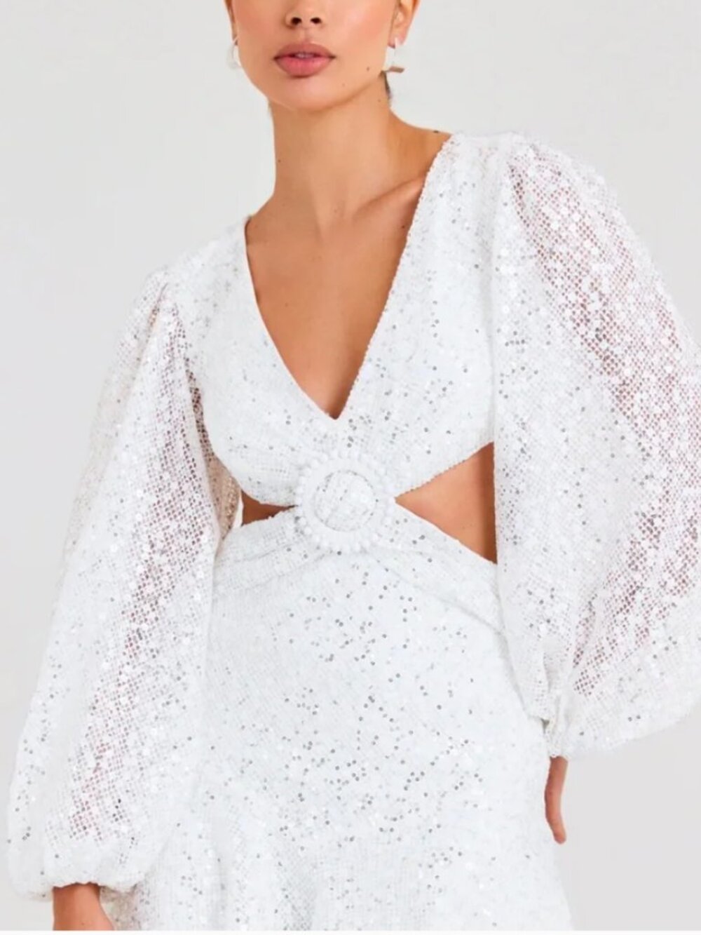 Elegant White Cutout Dress with Puff Sleeves WITH TAGS